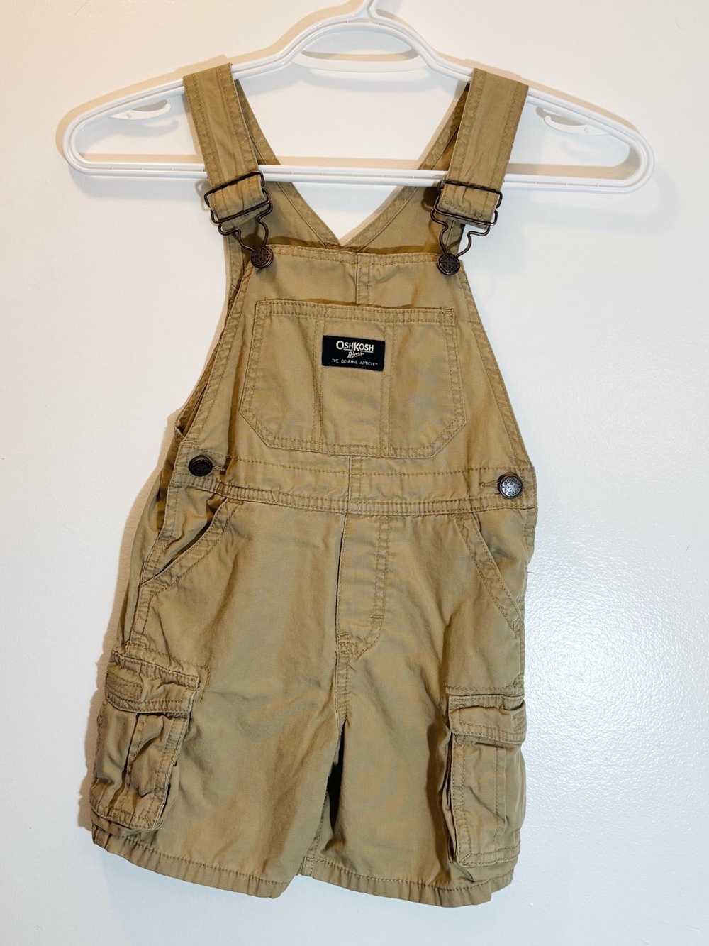 OshKosh B'gosh Toddler Boys Khaki Canvas Cargo Shortall Overalls 3T Summer
